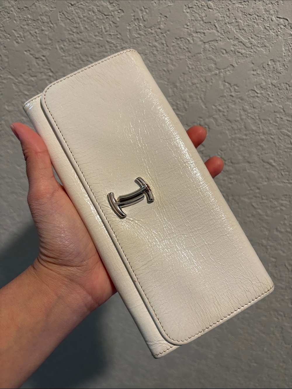 TODS Cream Leather Snap Wallet with Silver T Logo